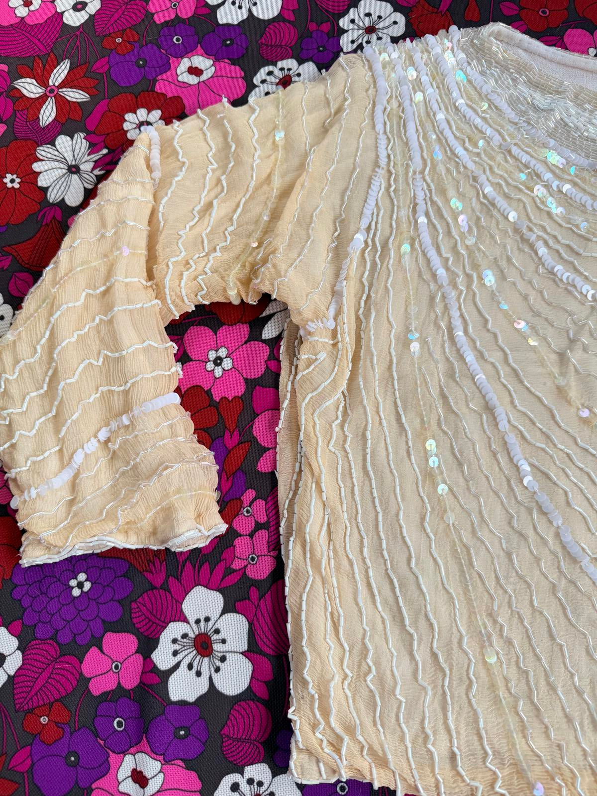 Vintage 1980s Beaded Top 100% Silk Beige Sequin Embellished 3/4 Sleeve Top 10 12