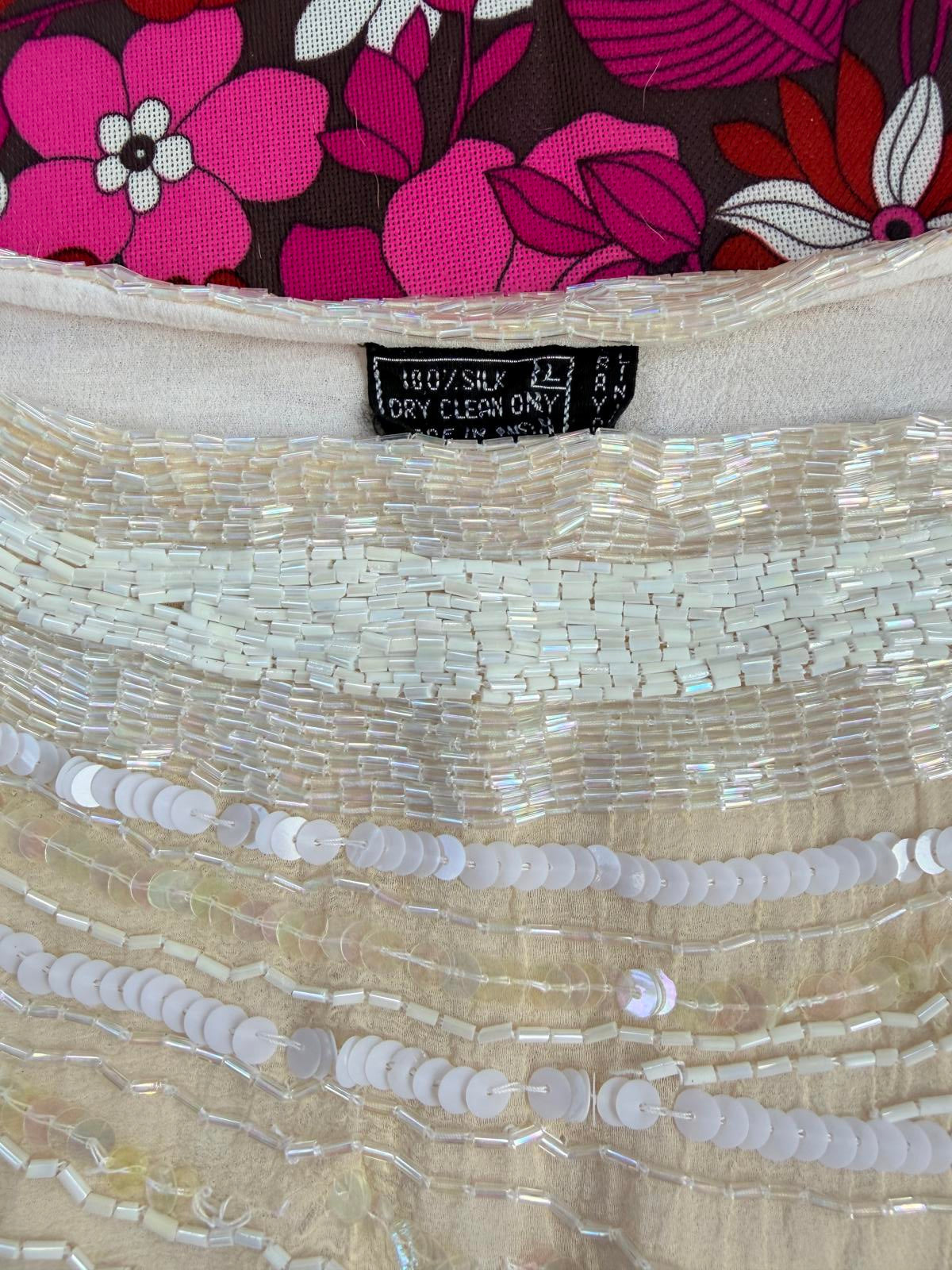 Vintage 1980s Beaded Top 100% Silk Beige Sequin Embellished 3/4 Sleeve Top 10 12
