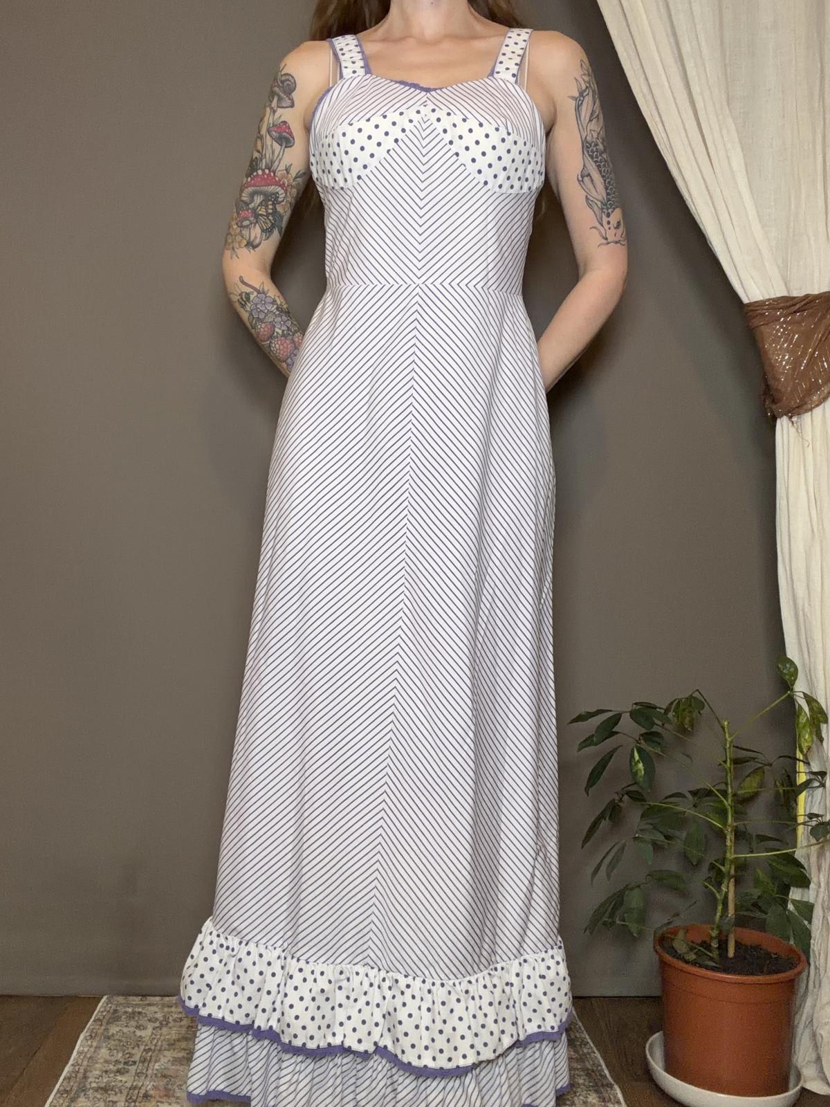 Vintage 1960s maxi dress long frilly Polka Dot Stripe hippie boho summer size 10