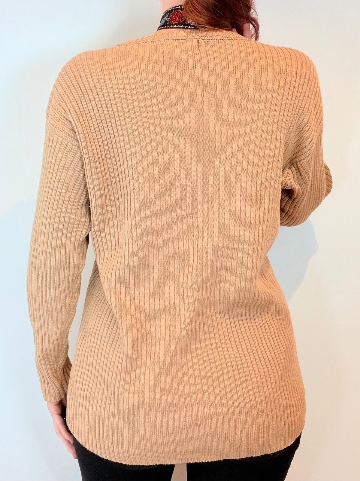Vintage 1990s Beige Ribbed Knit Sweater with Embroidered Suede Panels Size 18