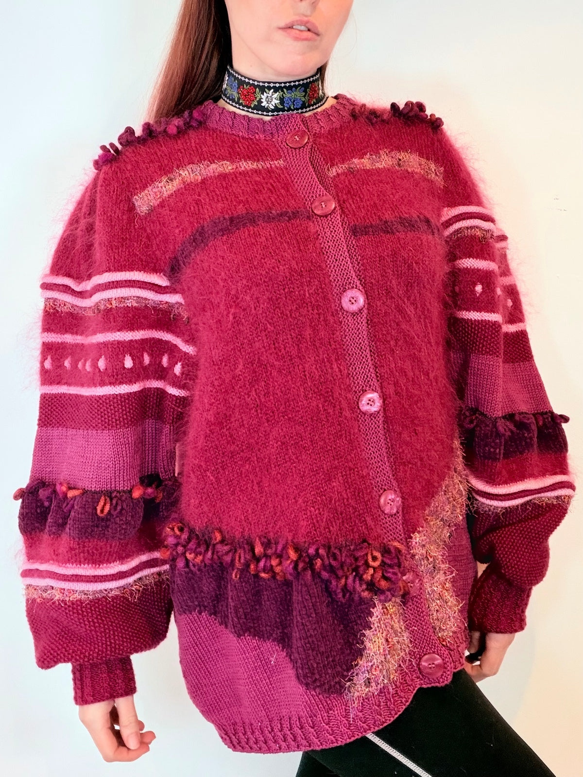 Vintage 1980s Cardigan Sweater Balloon Sleeve Knit Wooly Jumper Size 14 to 16