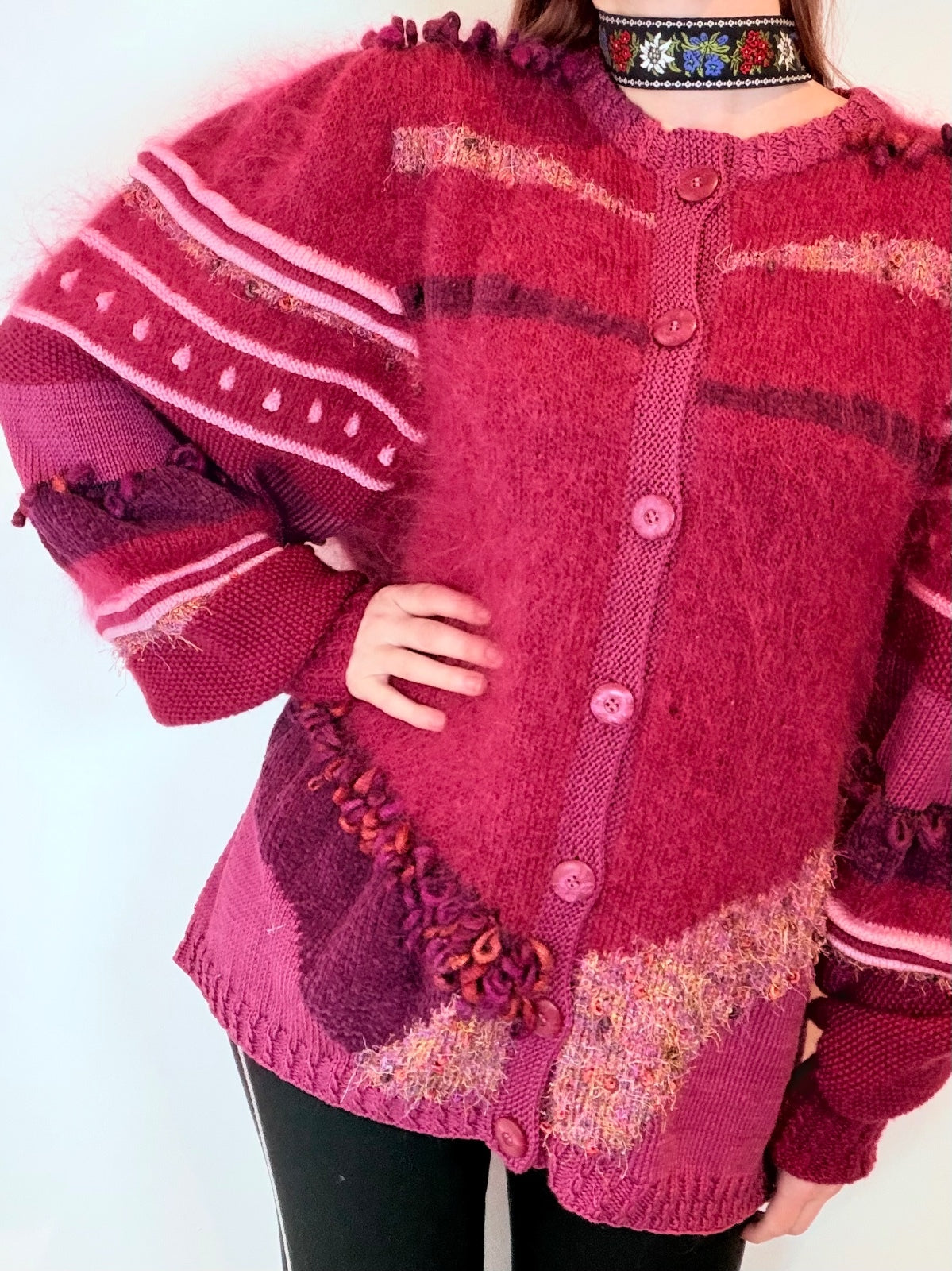 Vintage 1980s Cardigan Sweater Balloon Sleeve Knit Wooly Jumper Size 14 to 16