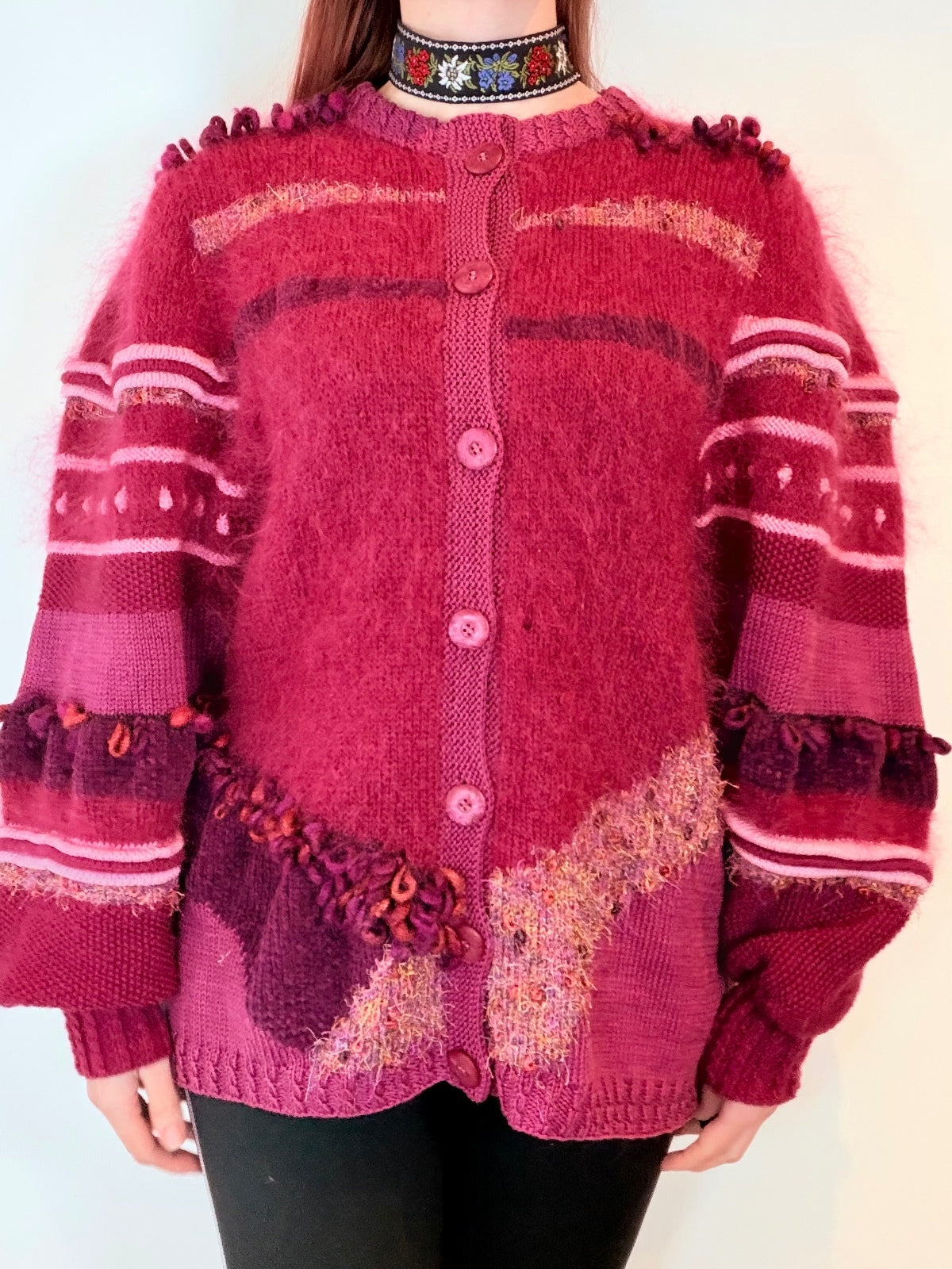 Vintage 1980s Cardigan Sweater Balloon Sleeve Knit Wooly Jumper Size 14 to 16