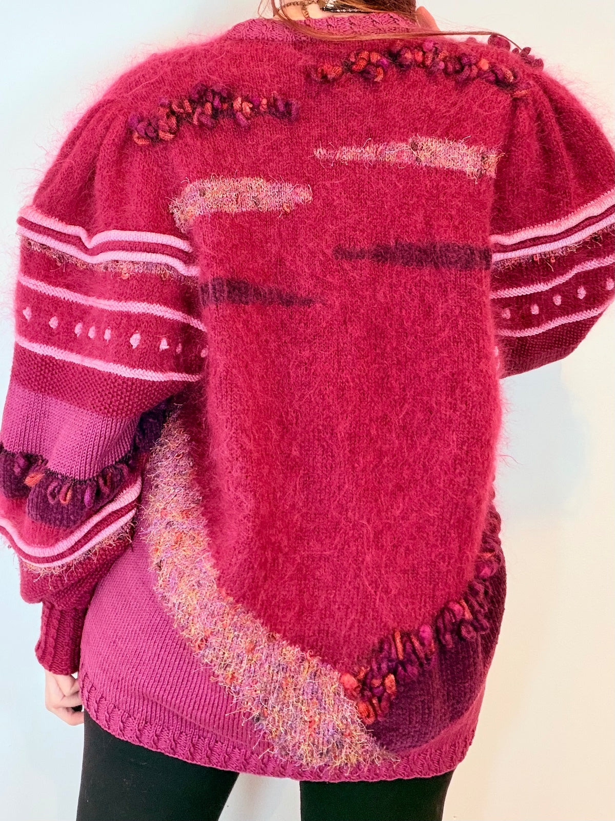 Vintage 1980s Cardigan Sweater Balloon Sleeve Knit Wooly Jumper Size 14 to 16