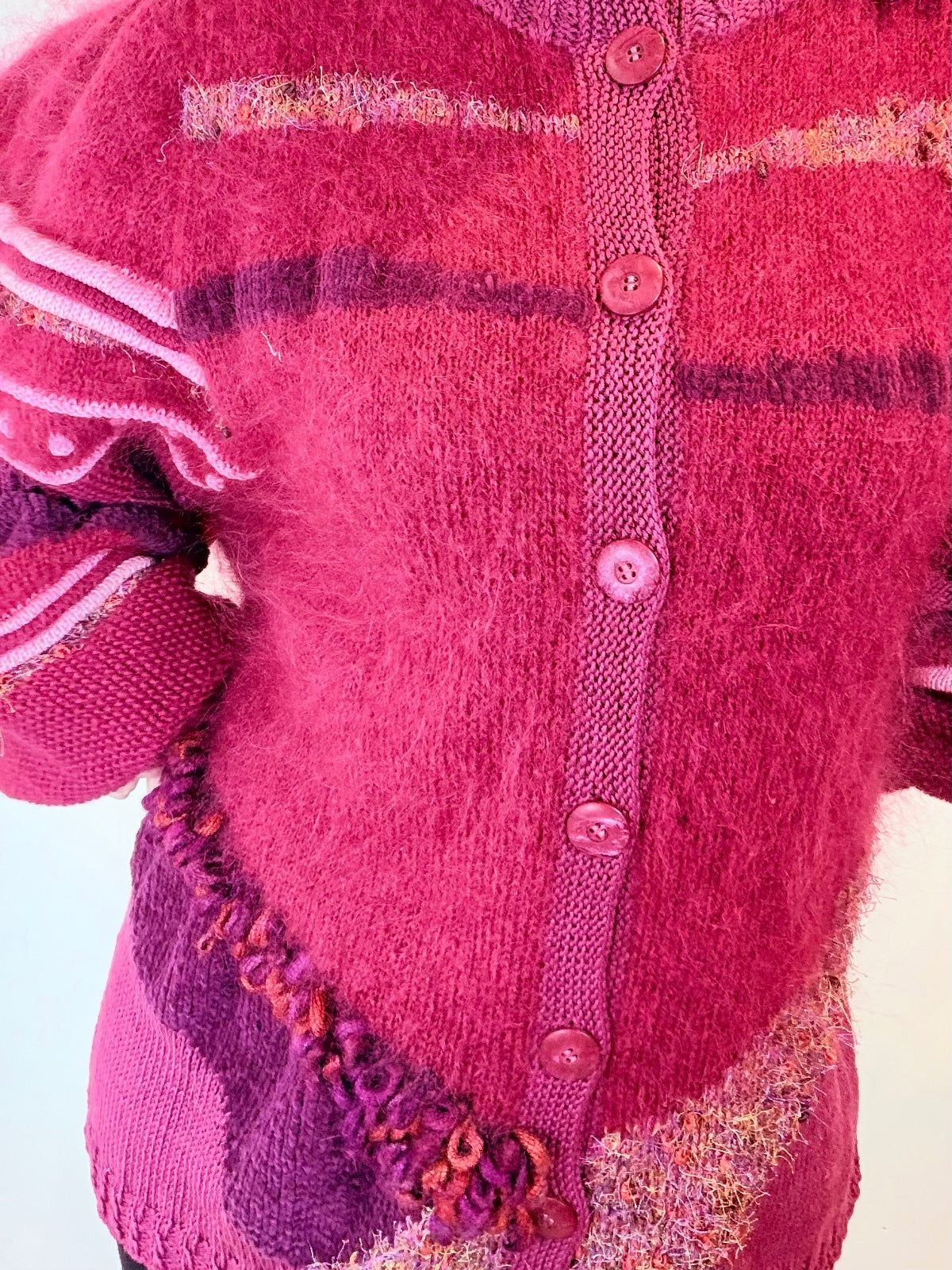 Vintage 1980s Cardigan Sweater Balloon Sleeve Knit Wooly Jumper Size 14 to 16