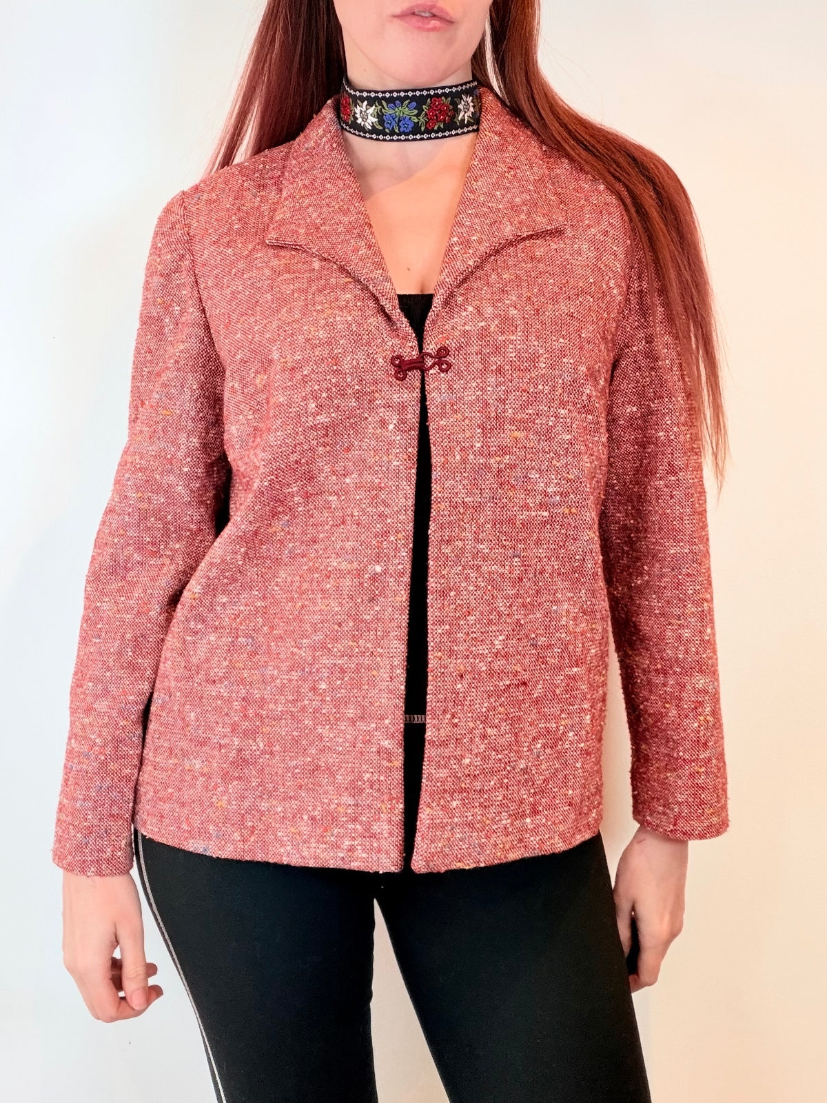 Vintage red pink Tweed Wool Blend Jacket with Mandarin Collar size 16
