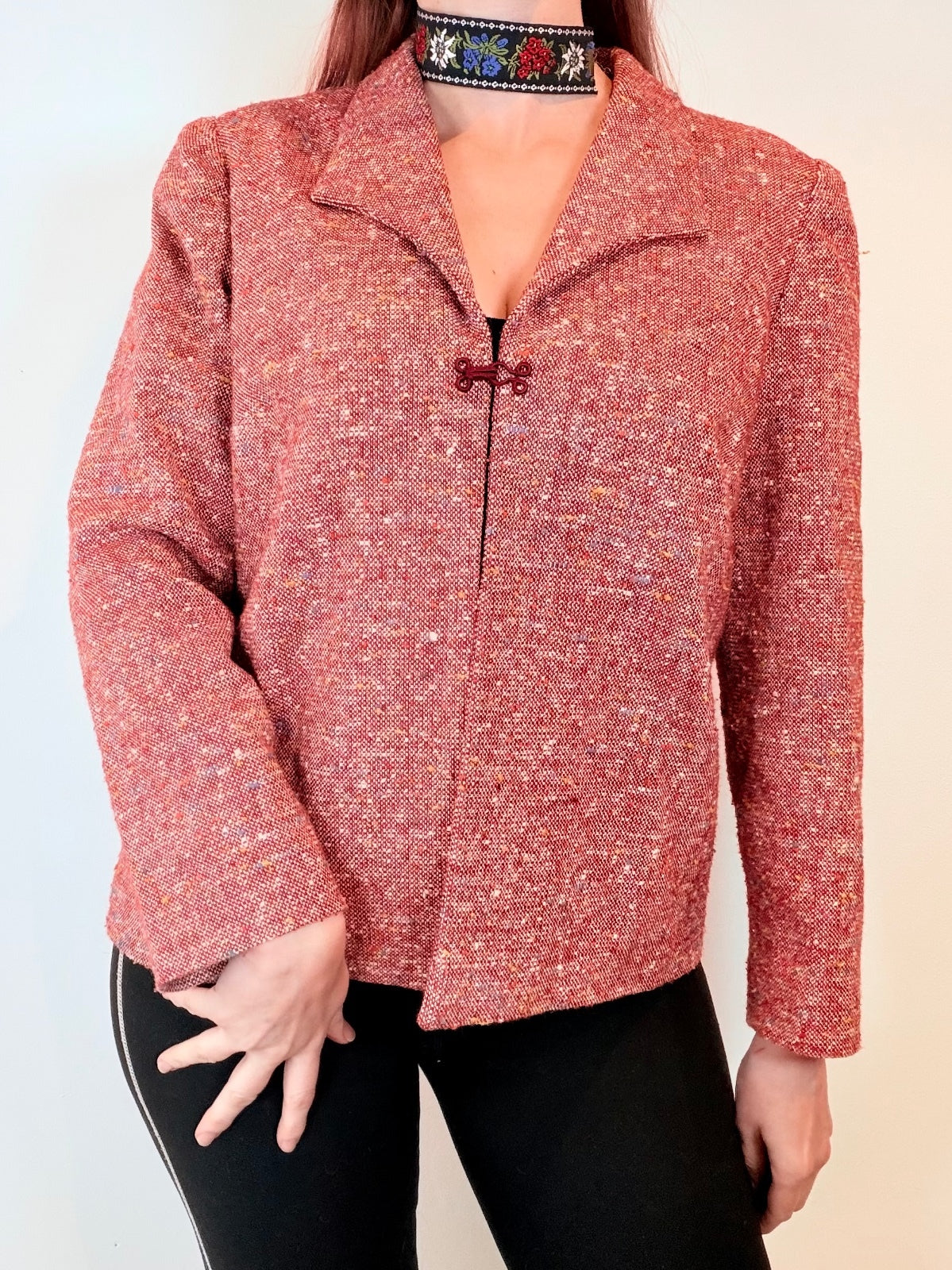 Vintage red pink Tweed Wool Blend Jacket with Mandarin Collar size 16