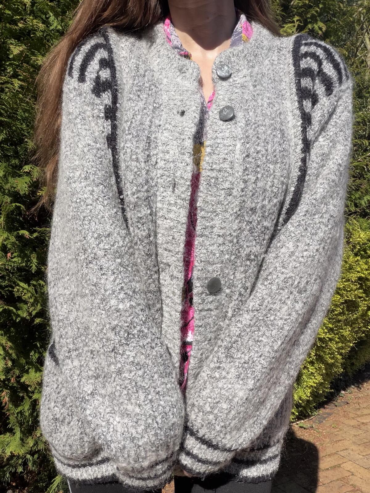 Vintage 1980s Grey Cardigan Textured Knit Jumper with Black Stripe Detail 12 14