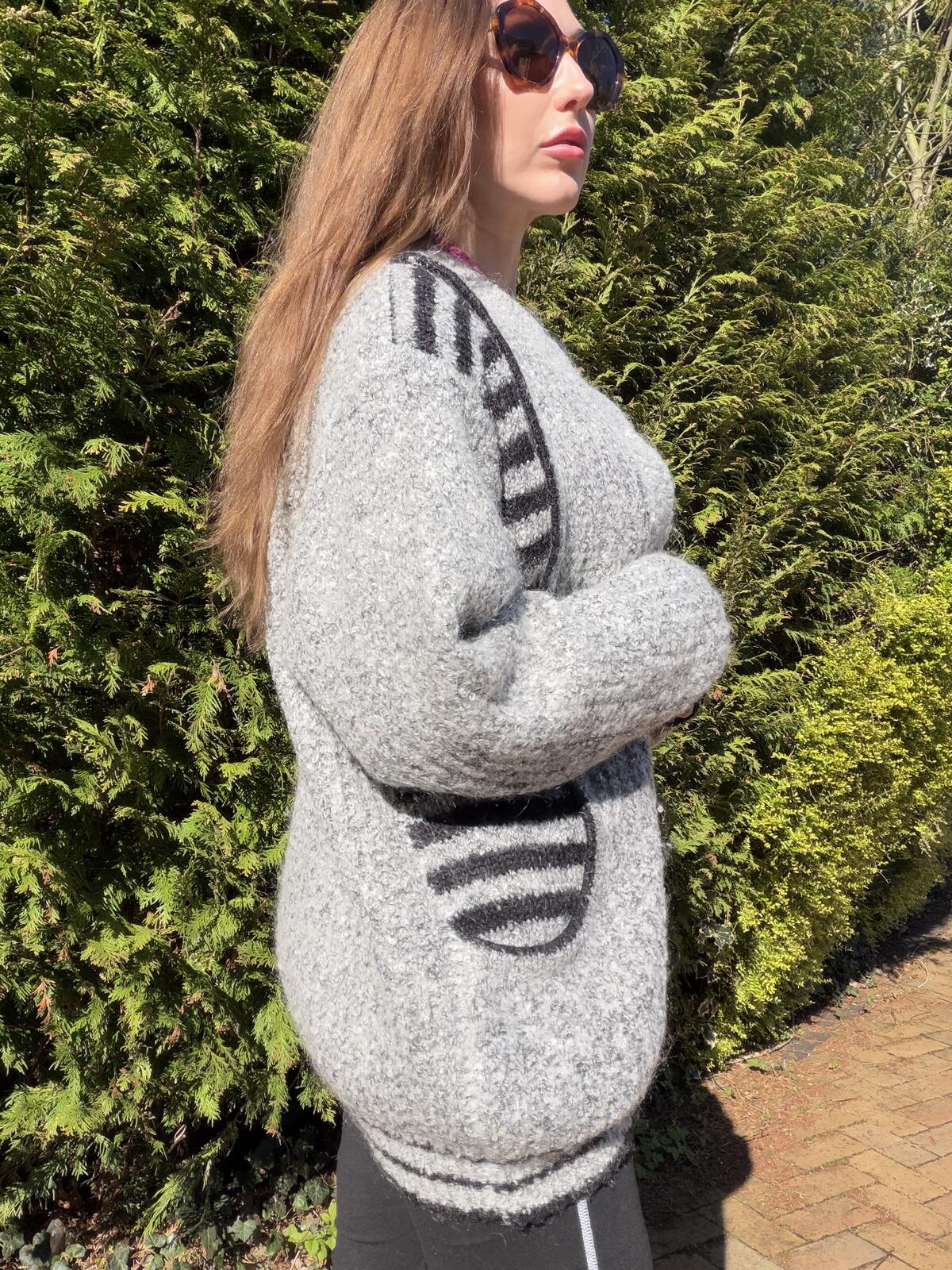Vintage 1980s Grey Cardigan Textured Knit Jumper with Black Stripe Detail 12 14
