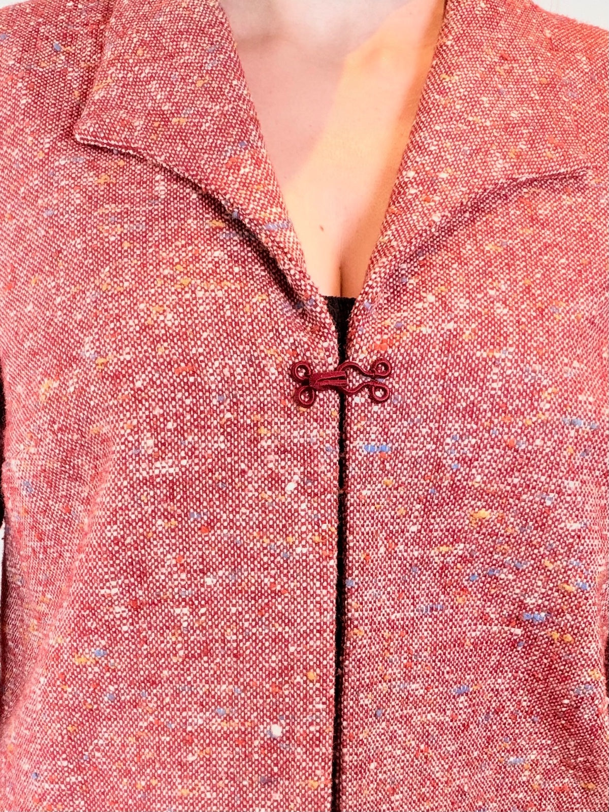Vintage red pink Tweed Wool Blend Jacket with Mandarin Collar size 16