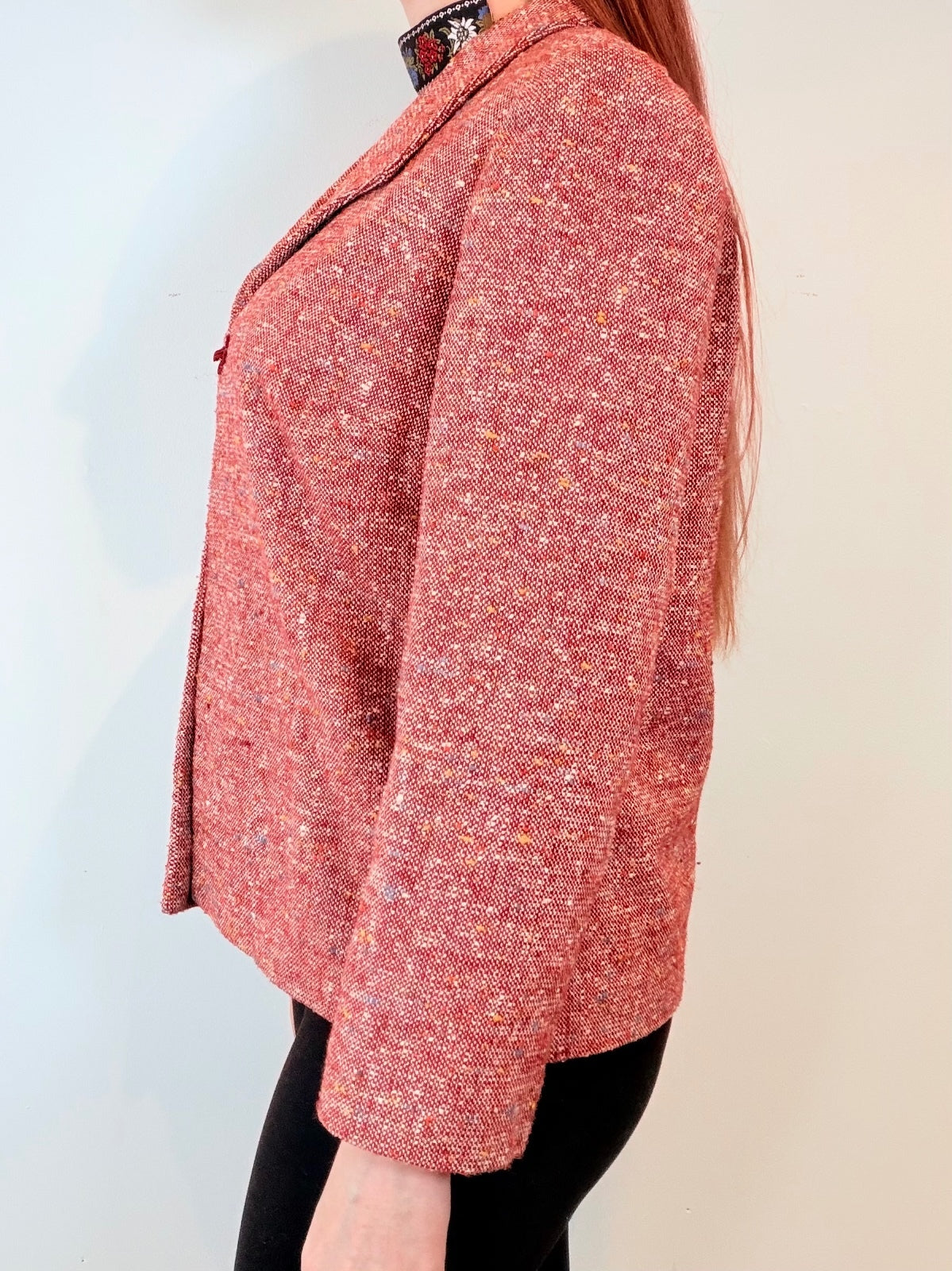 Vintage red pink Tweed Wool Blend Jacket with Mandarin Collar size 16