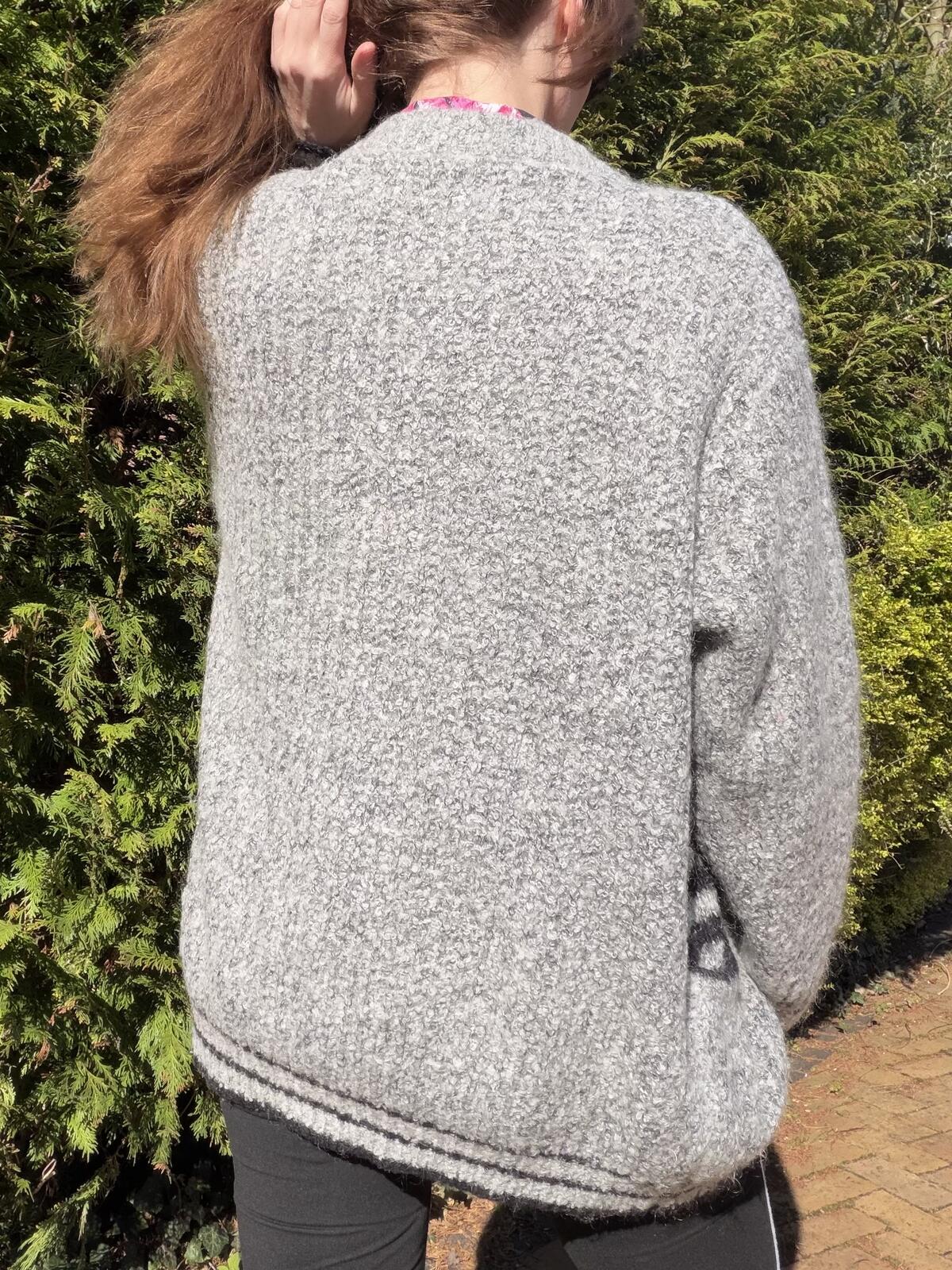 Vintage 1980s Grey Cardigan Textured Knit Jumper with Black Stripe Detail 12 14
