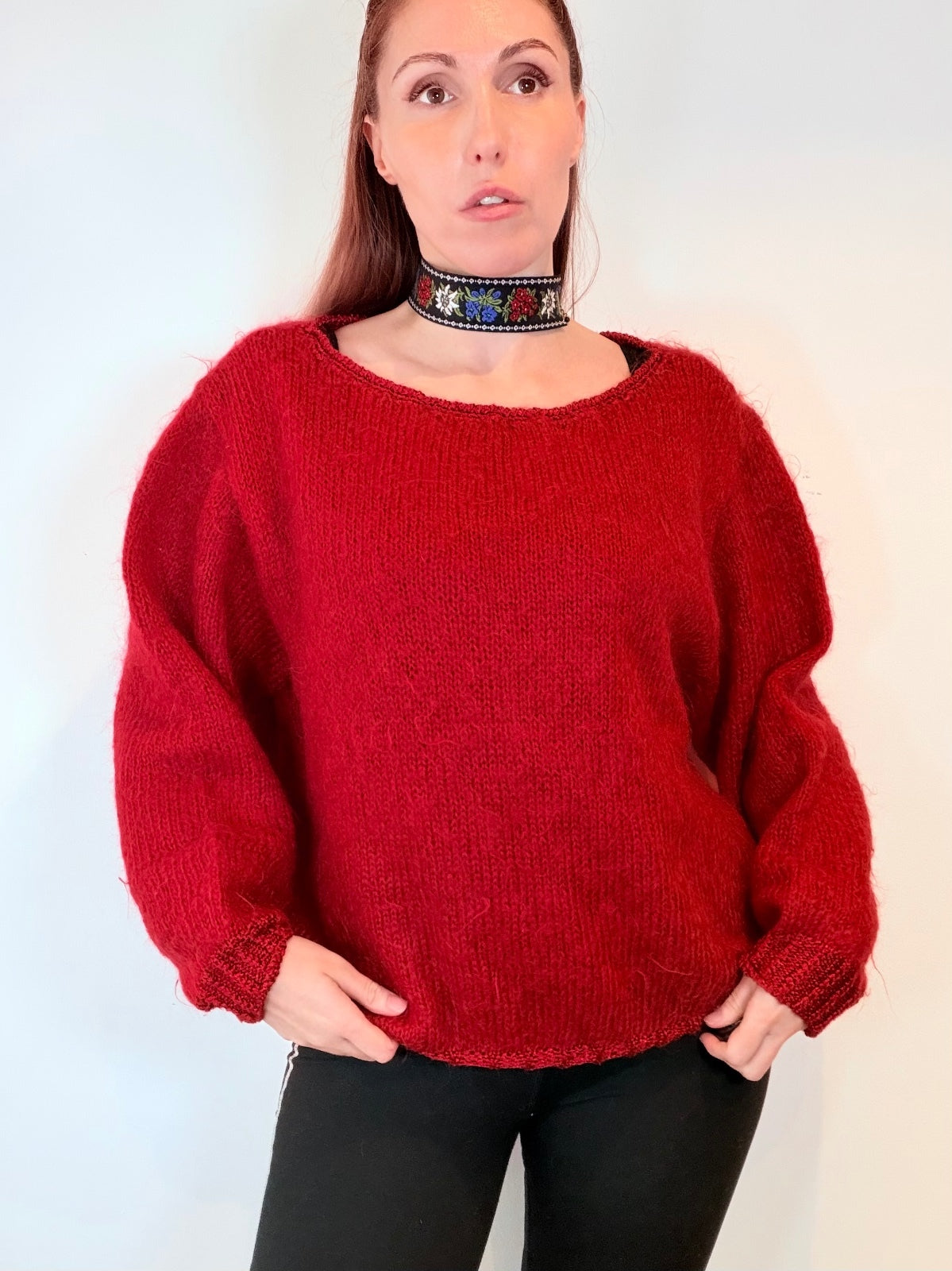 Vintage Red Knitted jumper oversized fit wooly knit sweater Size 14 to 16