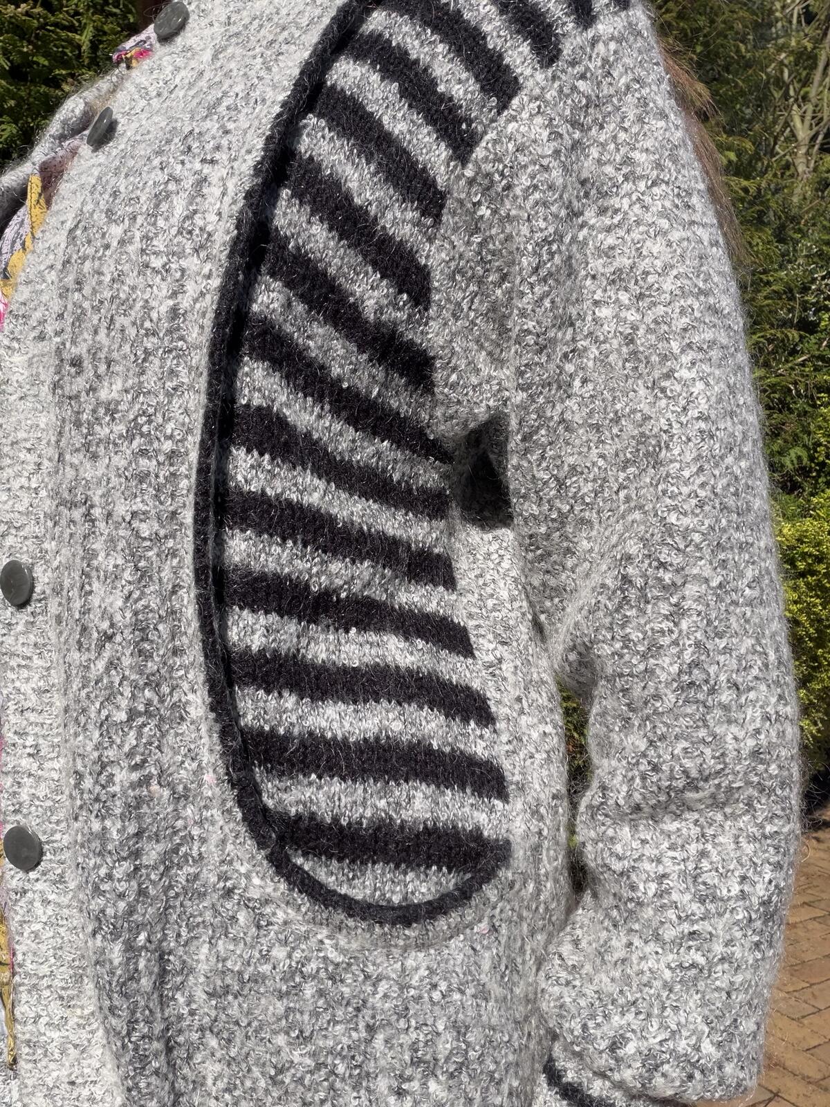 Vintage 1980s Grey Cardigan Textured Knit Jumper with Black Stripe Detail 12 14