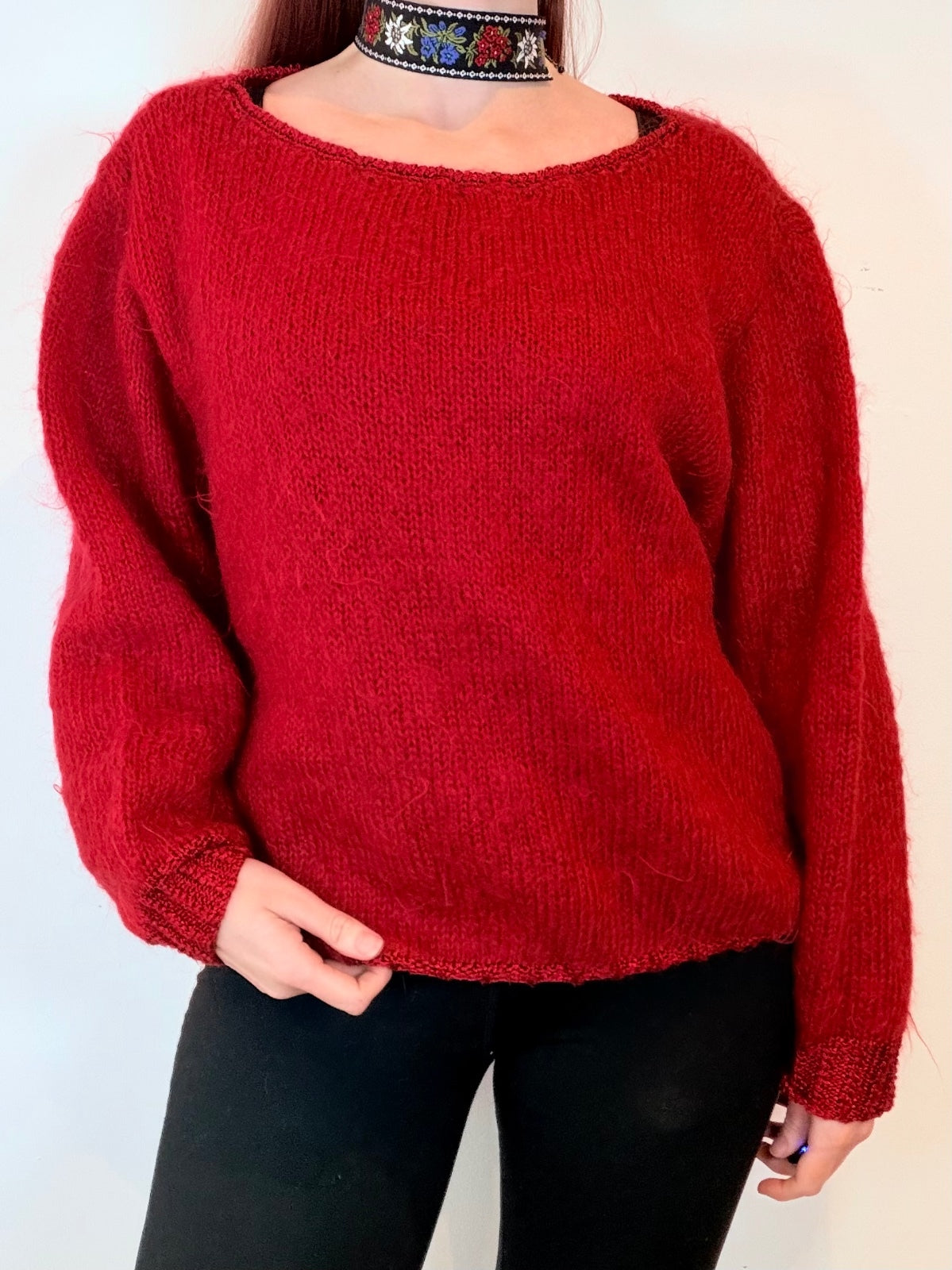 Vintage Red Knitted jumper oversized fit wooly knit sweater Size 14 to 16