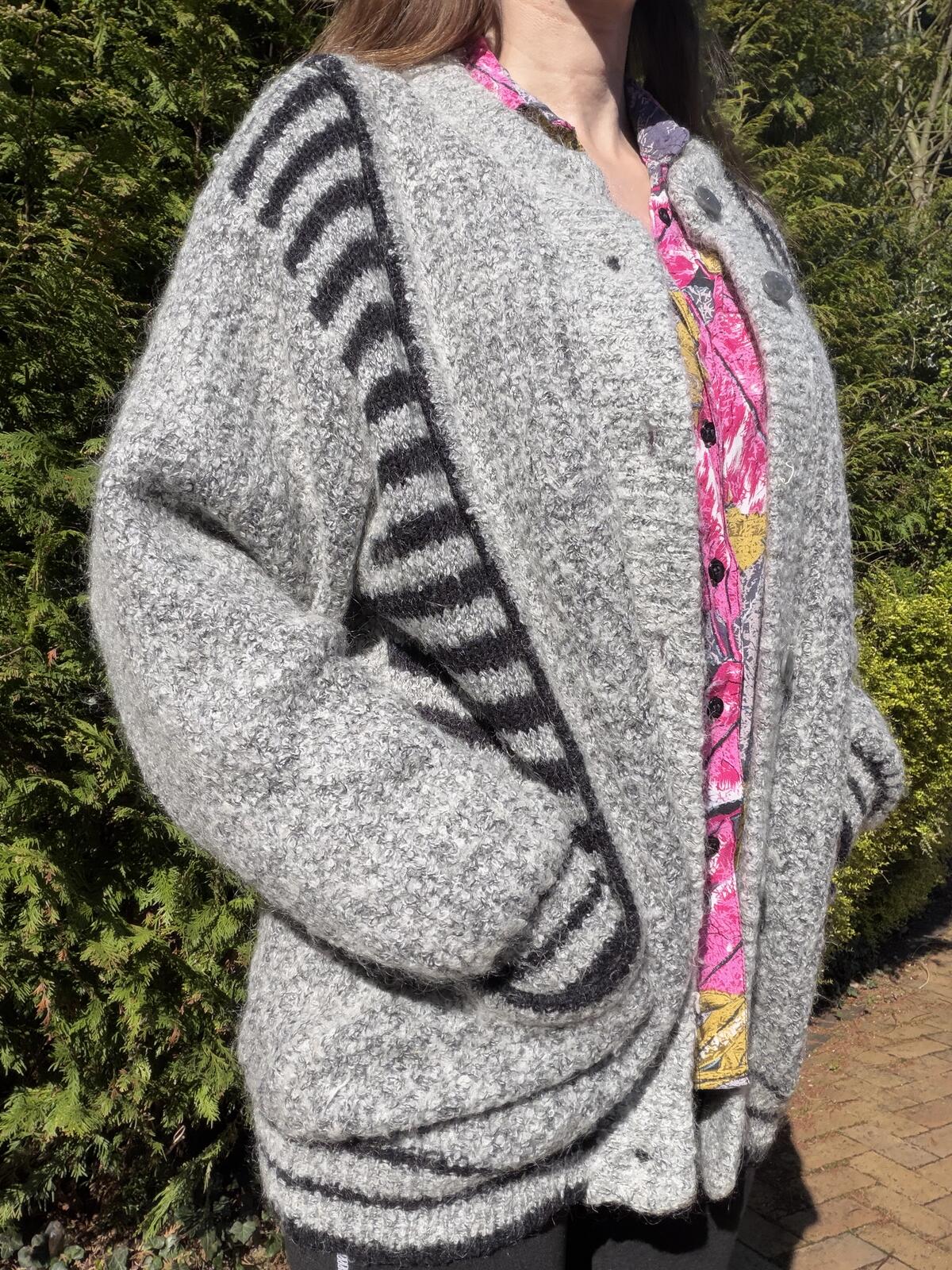 Vintage 1980s Grey Cardigan Textured Knit Jumper with Black Stripe Detail 12 14