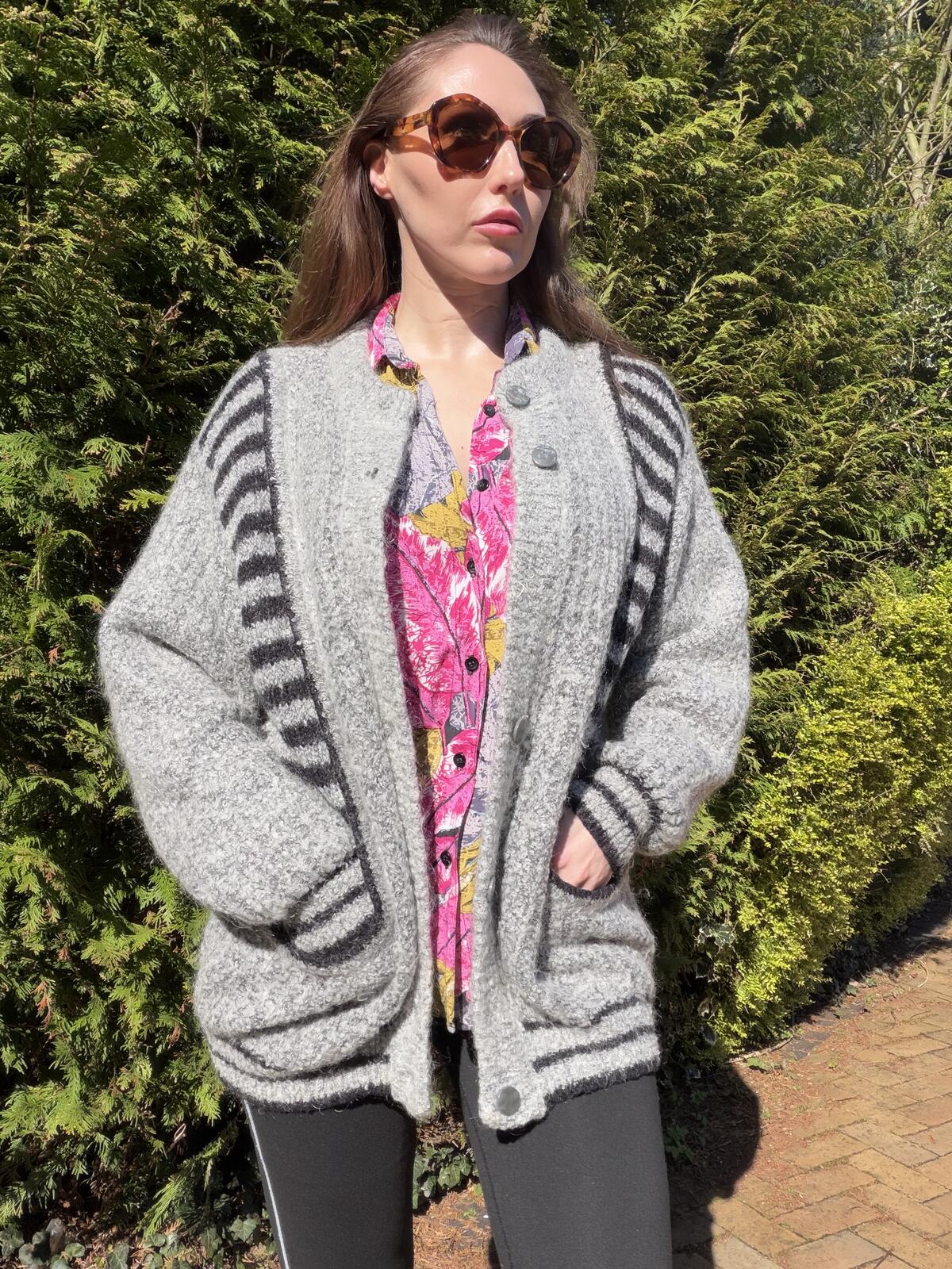 Vintage 1980s Grey Cardigan Textured Knit Jumper with Black Stripe Detail 12 14