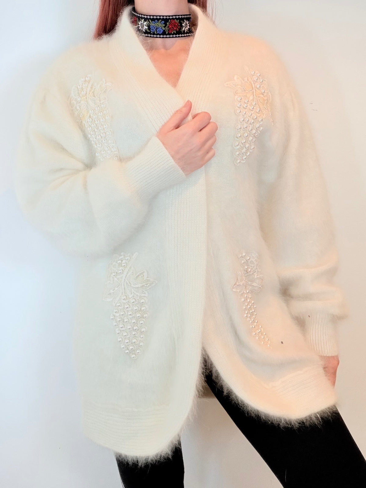 Vintage 1980s Mohair Cardigan with Faux Pearl Embellishments White Size L 14 16