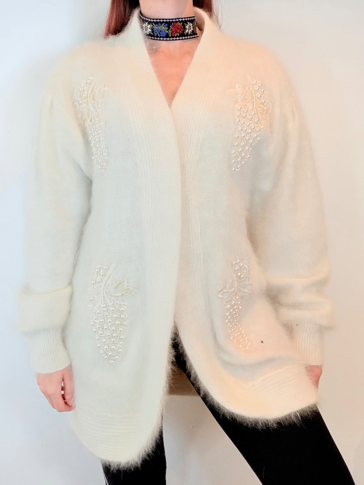 Vintage 1980s Mohair Cardigan with Faux Pearl Embellishments White Size L 14 16