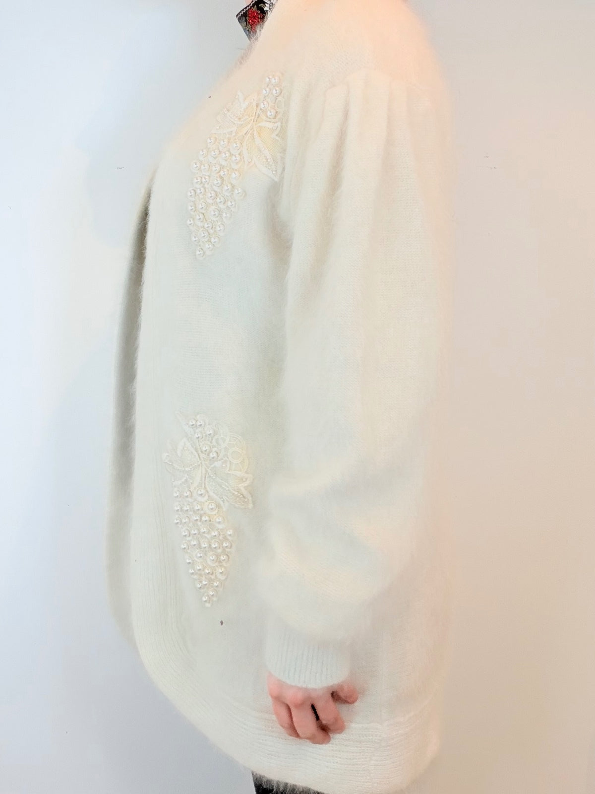 Vintage 1980s Mohair Cardigan with Faux Pearl Embellishments White Size L 14 16