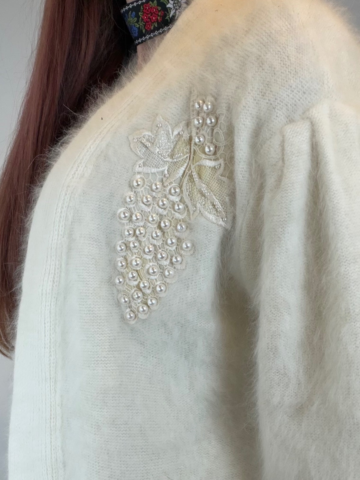 Vintage 1980s Mohair Cardigan with Faux Pearl Embellishments White Size L 14 16