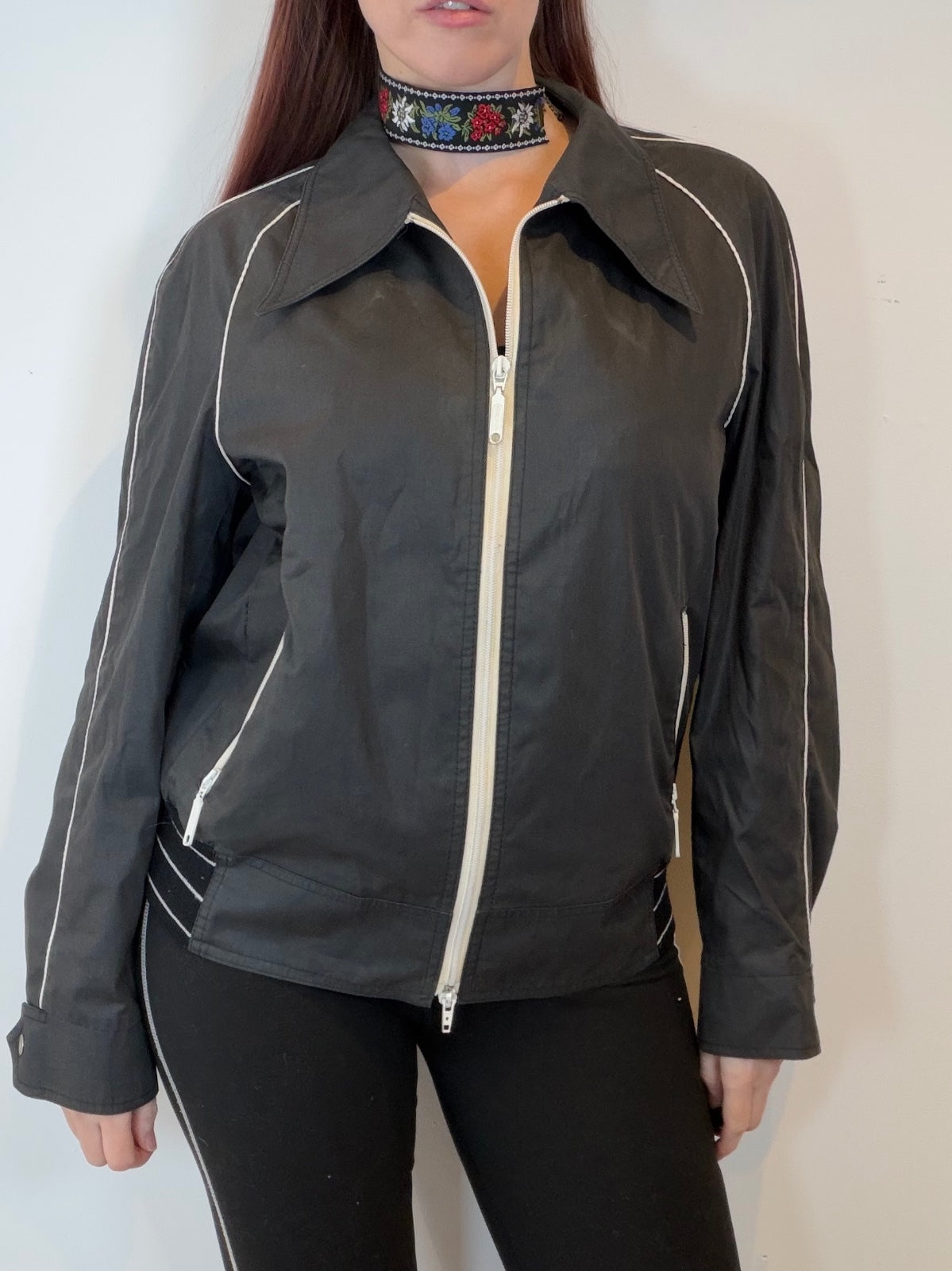 Vintage 1970s Jacket Black Lightweight Dagger Collar Coat with Piping Size M