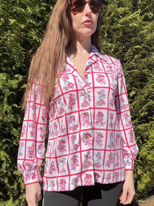 Vintage 1960s Retro Shirt Floral Print Long Sleeve Blouse Size 16