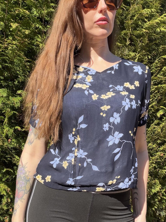 Vintage 1990s Cropped Blouse Floral Short Sleeve Summer Top Size 10