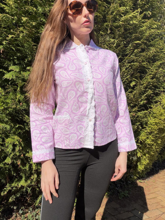 Vintage 1960s Paisley Shirt Lilac Hippie Retro Cotton Blouse White Lace Trim 10
