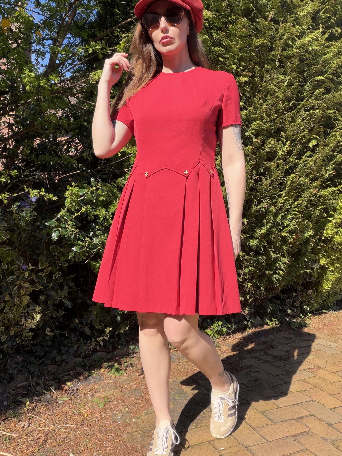 Vintage 1960s Mini Dress Red Pleated Short Sleeve Dress with Gold Buttons 14