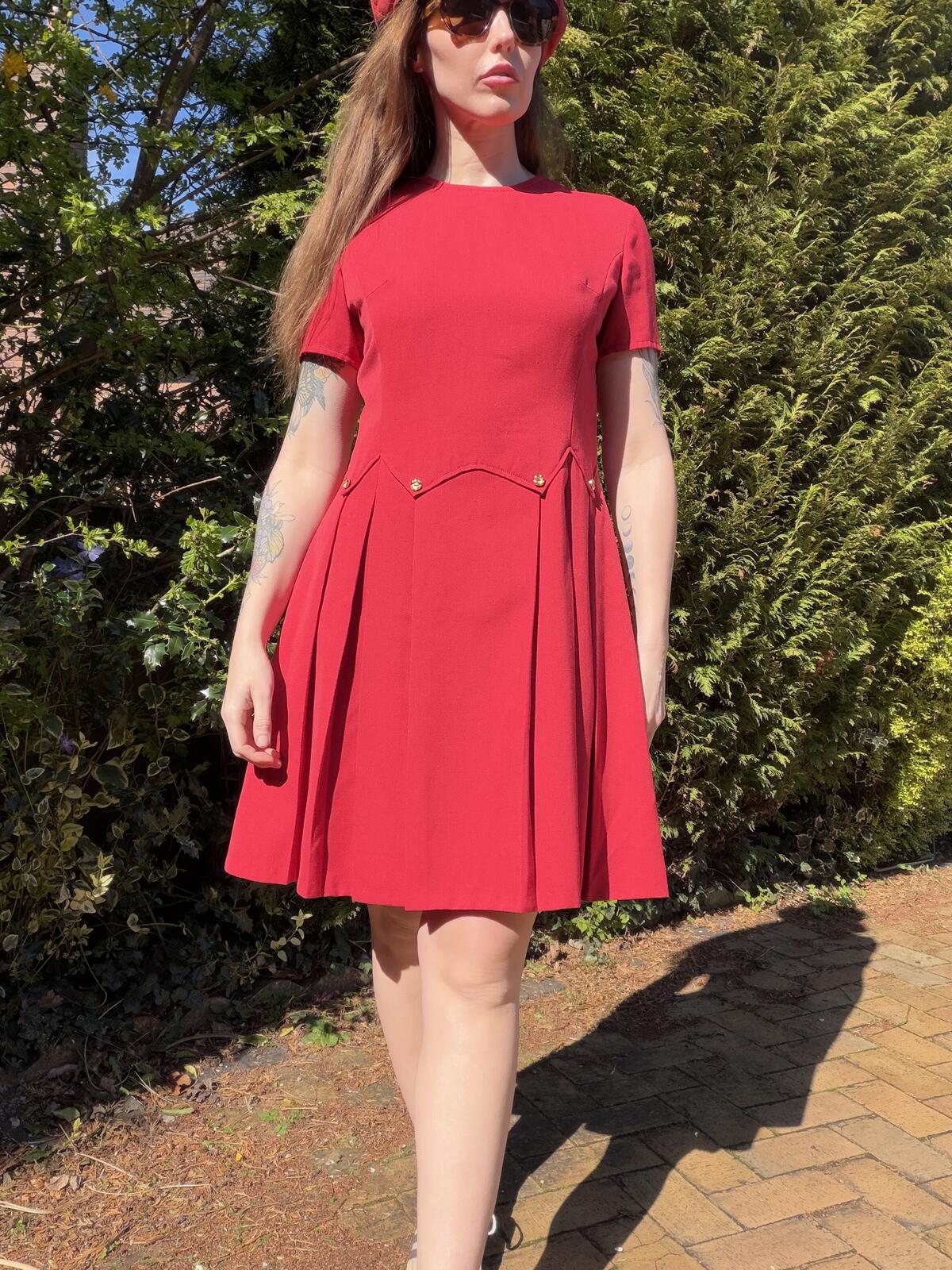 Vintage 1960s Mini Dress Red Pleated Short Sleeve Dress with Gold Buttons 14
