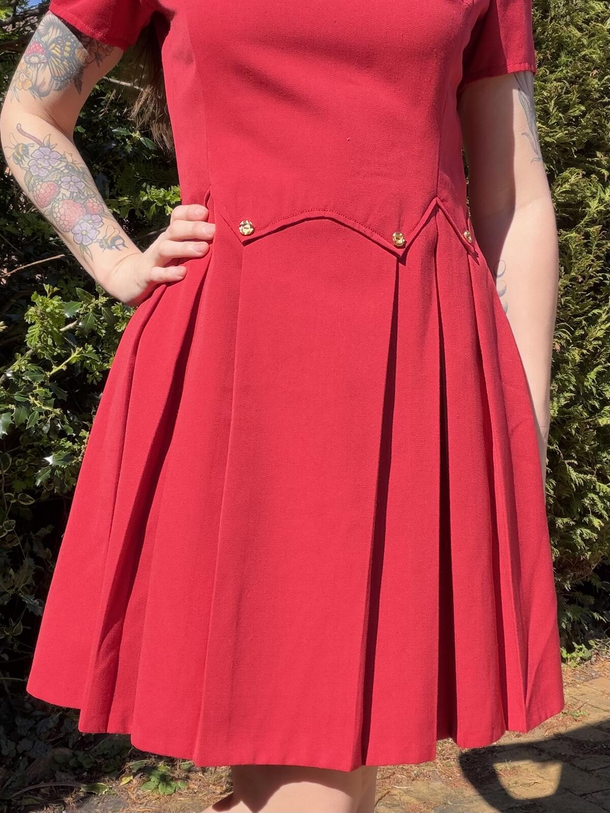 Vintage 1960s Mini Dress Red Pleated Short Sleeve Dress with Gold Buttons 14