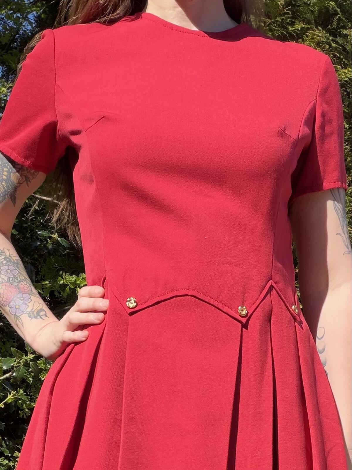 Vintage 1960s Mini Dress Red Pleated Short Sleeve Dress with Gold Buttons 14