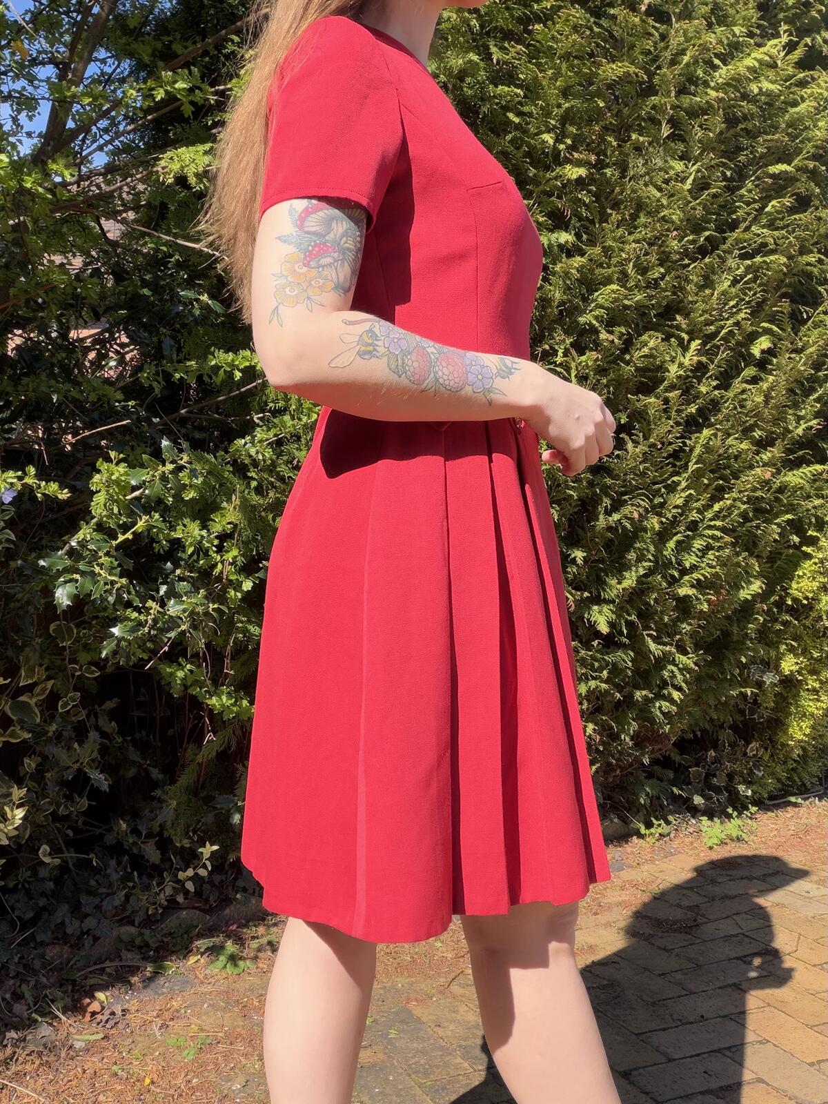 Vintage 1960s Mini Dress Red Pleated Short Sleeve Dress with Gold Buttons 14