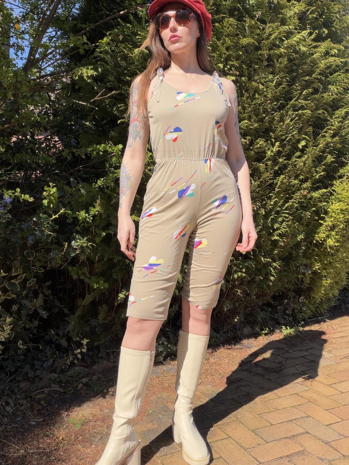 Vintage 1980s Playsuit Beige Sleeveless Abstract Cotton Jumpsuit Size 10 to 12