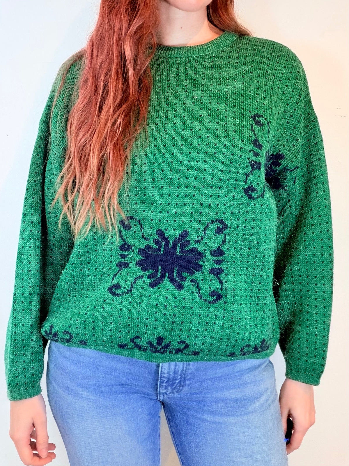 Vintage 1980s Green Jumper Pullover Sweater with Retro Blue Pattern Size 14