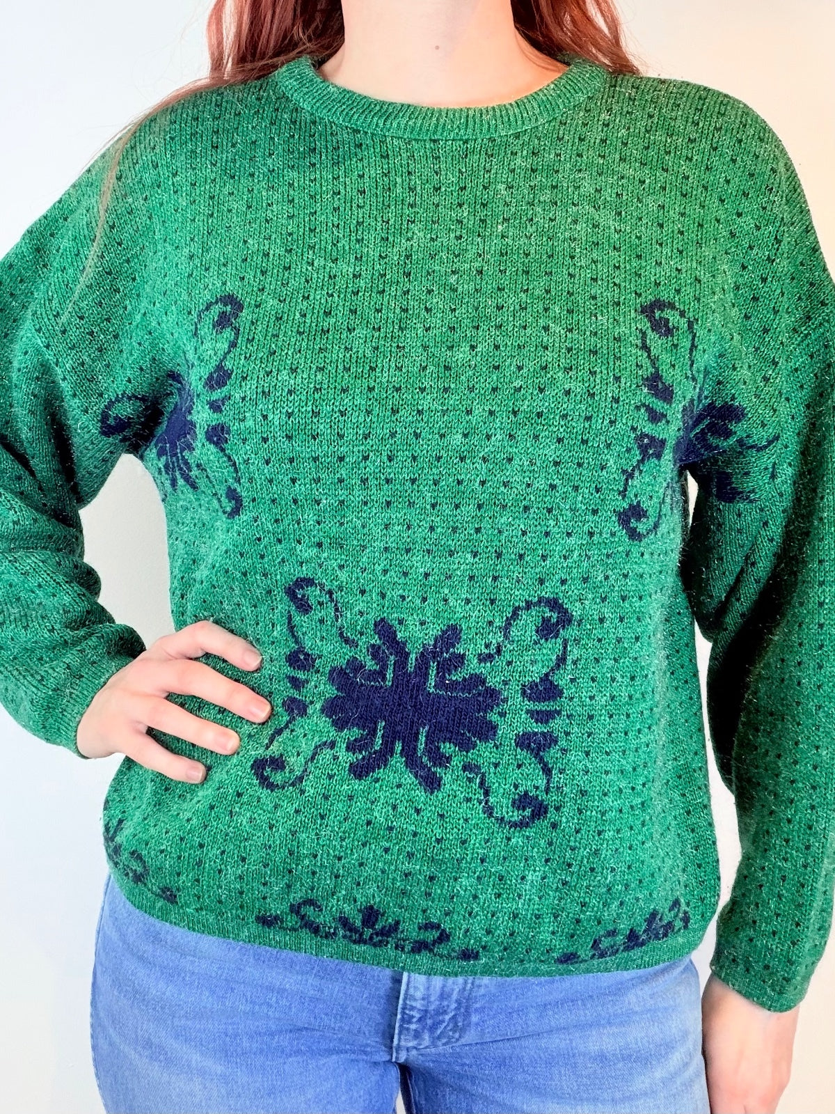 Vintage 1980s Green Jumper Pullover Sweater with Retro Blue Pattern Size 14