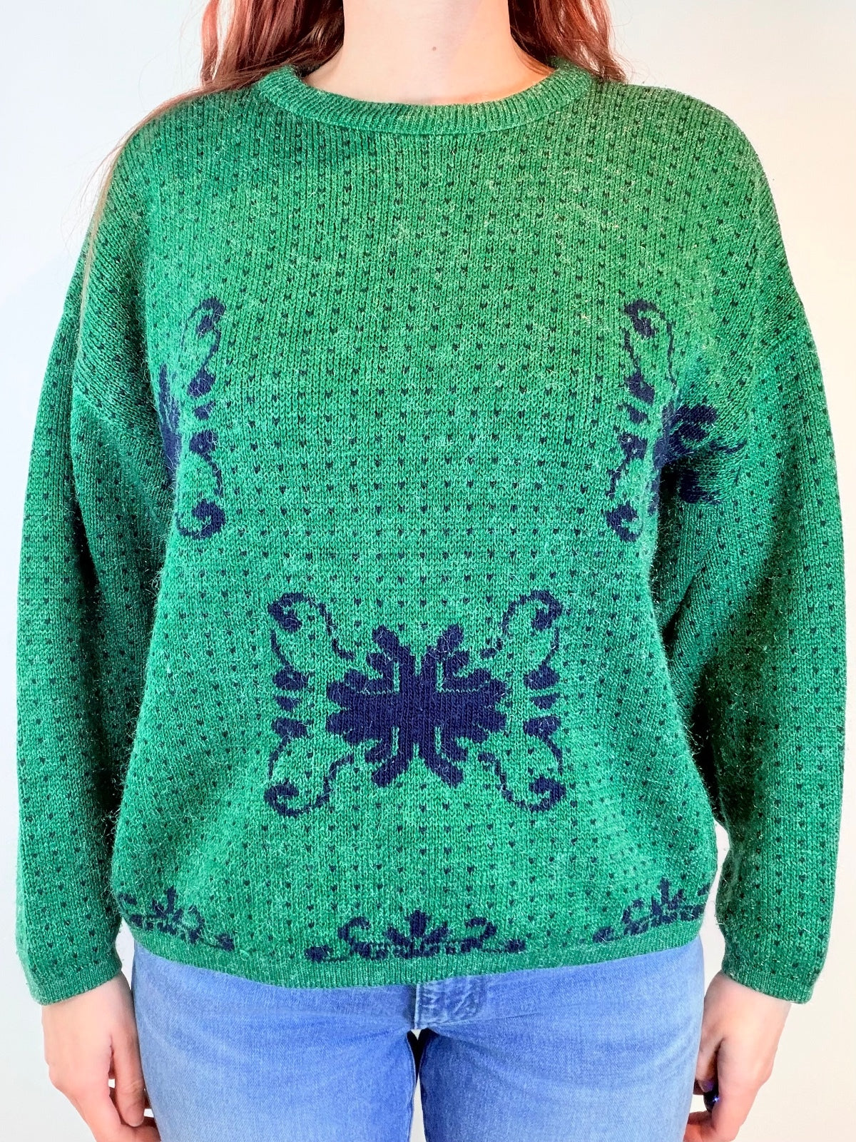 Vintage 1980s Green Jumper Pullover Sweater with Retro Blue Pattern Size 14
