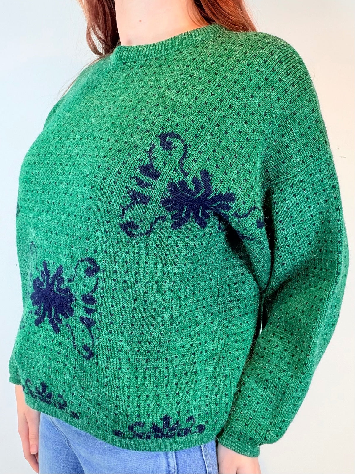 Vintage 1980s Green Jumper Pullover Sweater with Retro Blue Pattern Size 14