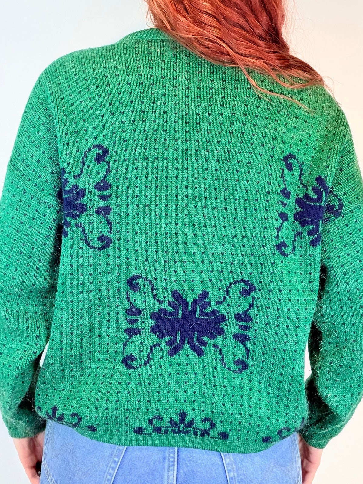 Vintage 1980s Green Jumper Pullover Sweater with Retro Blue Pattern Size 14