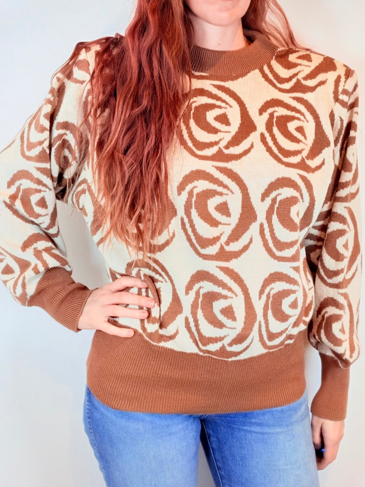 Vintage 1980s Knitted Jumper Brown and Cream Rose Patterned Knit Sweater Size 16