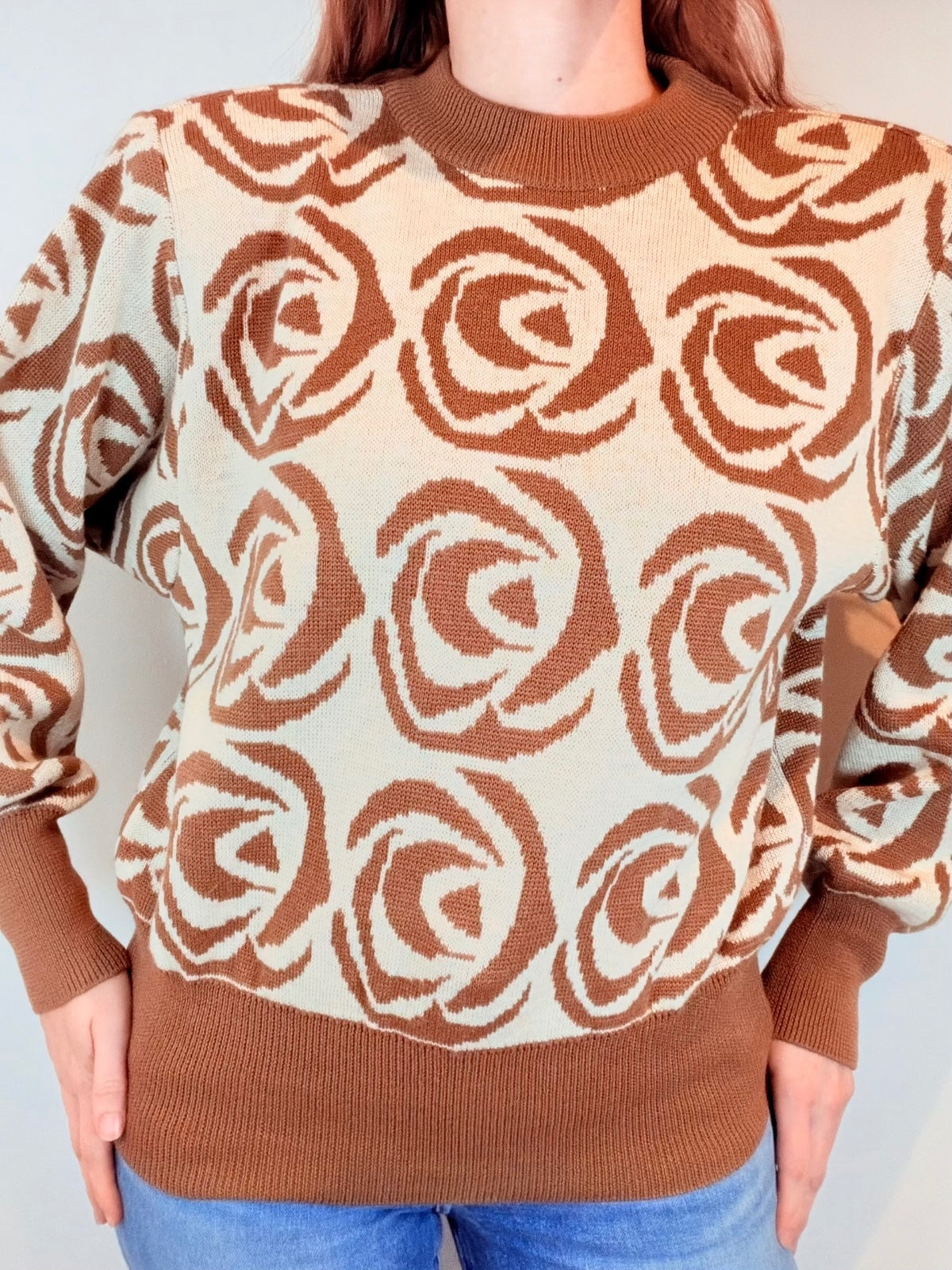 Vintage 1980s Knitted Jumper Brown and Cream Rose Patterned Knit Sweater Size 16