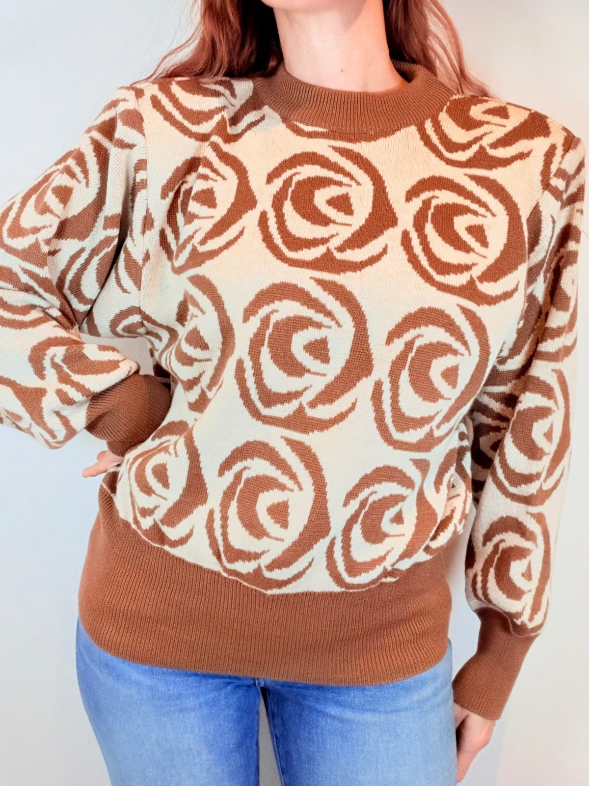 Vintage 1980s Knitted Jumper Brown and Cream Rose Patterned Knit Sweater Size 16