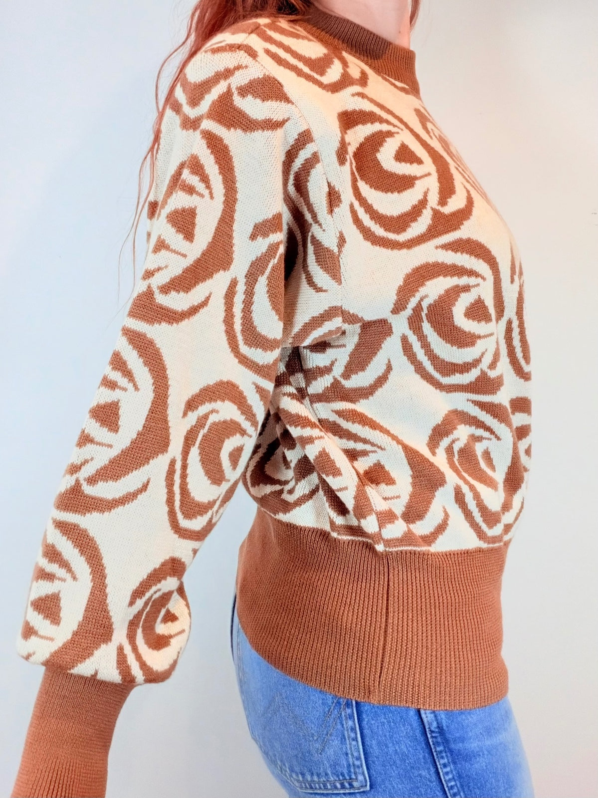 Vintage 1980s Knitted Jumper Brown and Cream Rose Patterned Knit Sweater Size 16