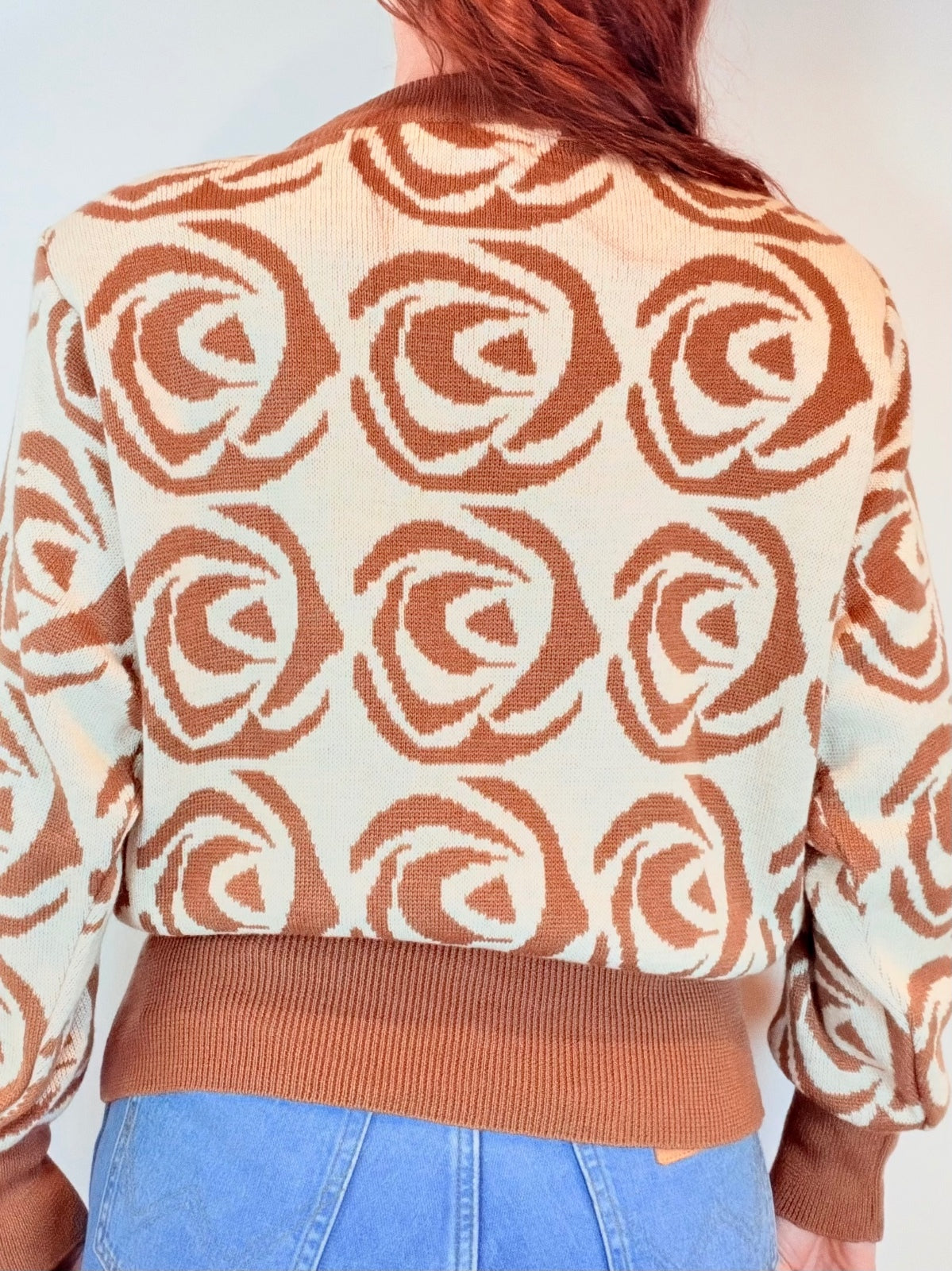 Vintage 1980s Knitted Jumper Brown and Cream Rose Patterned Knit Sweater Size 16