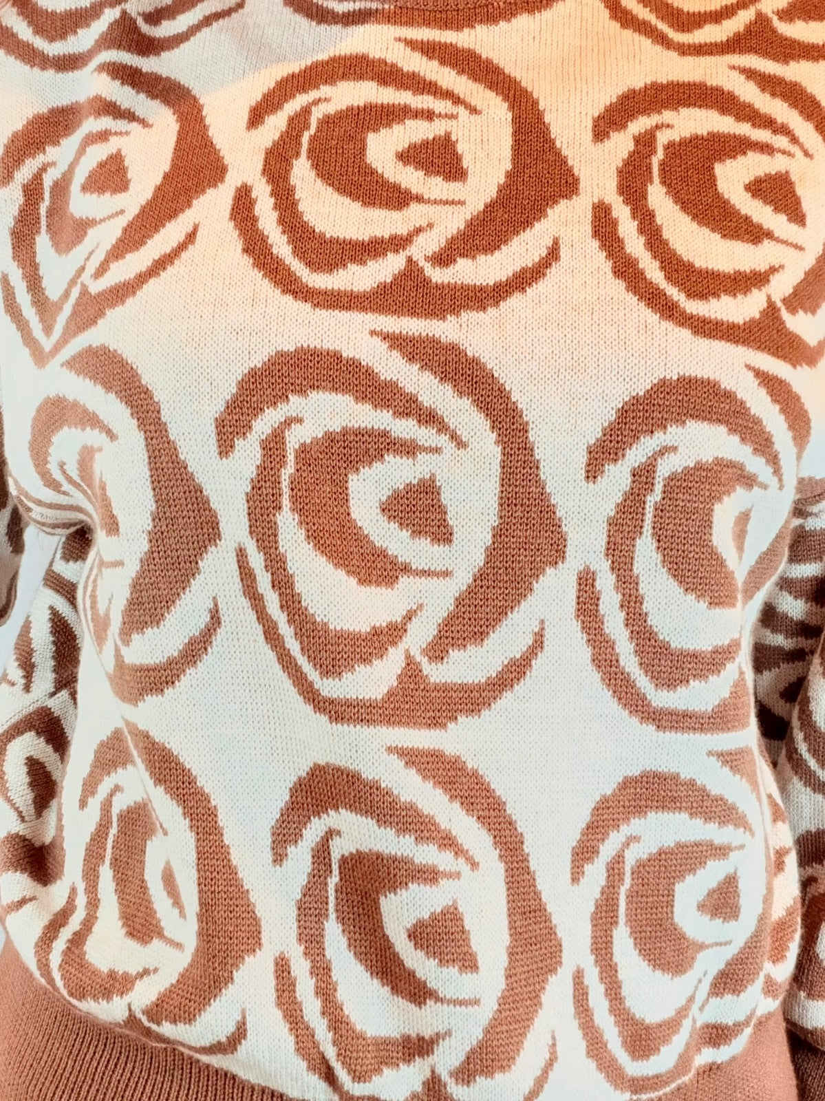 Vintage 1980s Knitted Jumper Brown and Cream Rose Patterned Knit Sweater Size 16