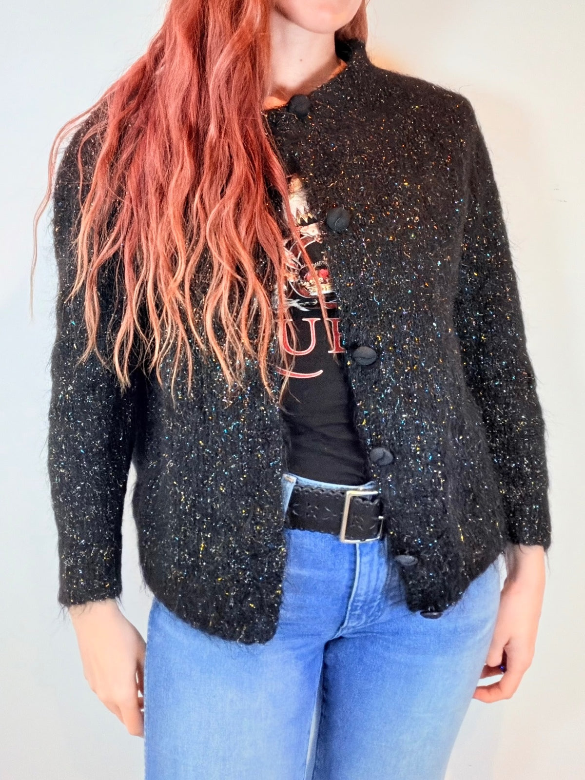 Vintage 1980s Cardigan Black Textured Button Up Wool Blend Jumper Sweater Size M