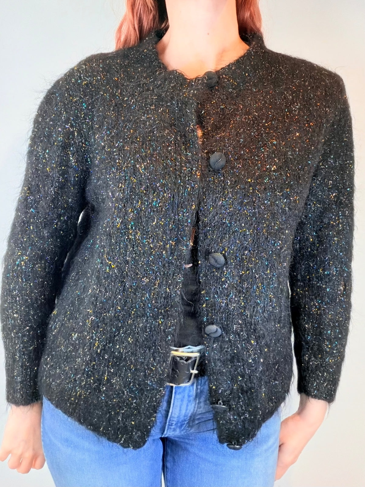 Vintage 1980s Cardigan Black Textured Button Up Wool Blend Jumper Sweater Size M