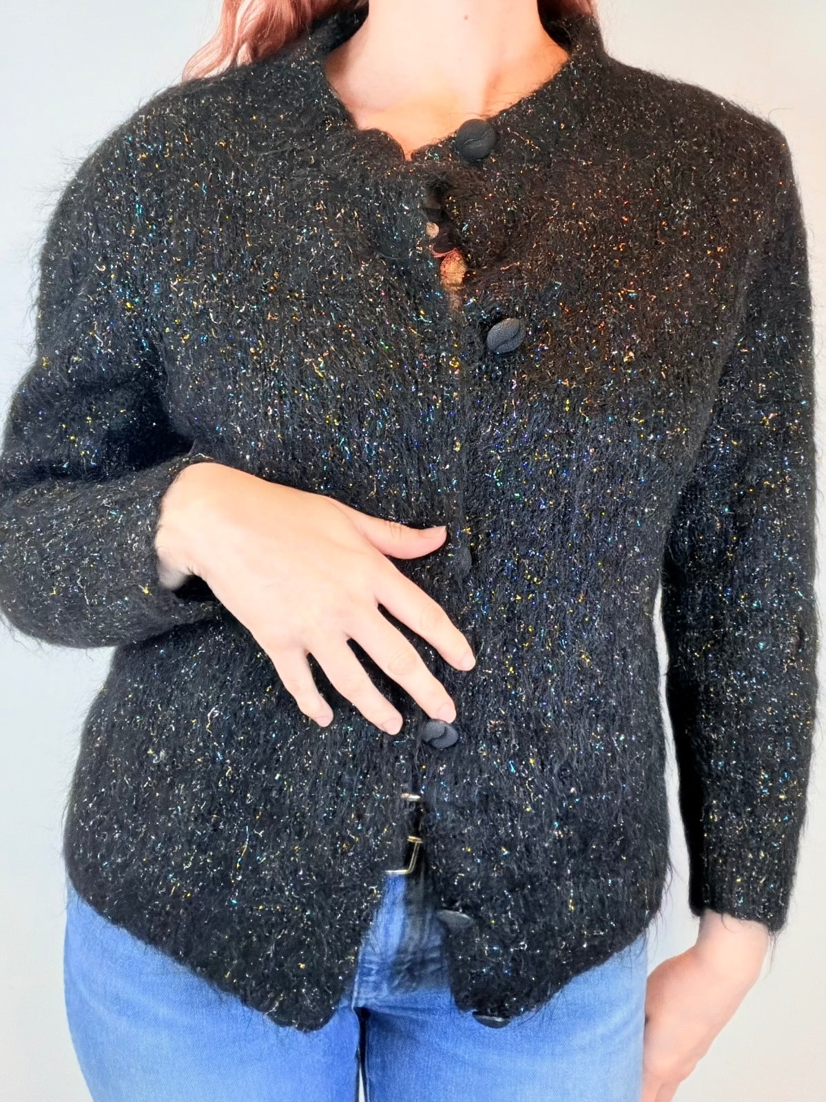 Vintage 1980s Cardigan Black Textured Button Up Wool Blend Jumper Sweater Size M