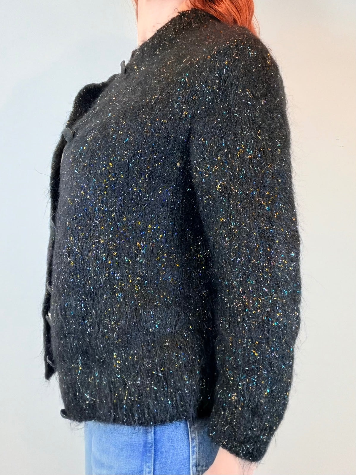 Vintage 1980s Cardigan Black Textured Button Up Wool Blend Jumper Sweater Size M